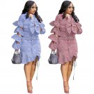 women fashion casual stripe shirt dresses with cascading ruffle sleeves