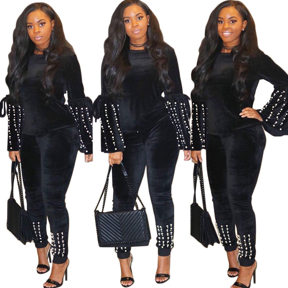 casual black ruffle sleeve beaded two piece set women clothing