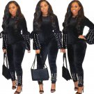 casual black ruffle sleeve beaded two piece set women clothing