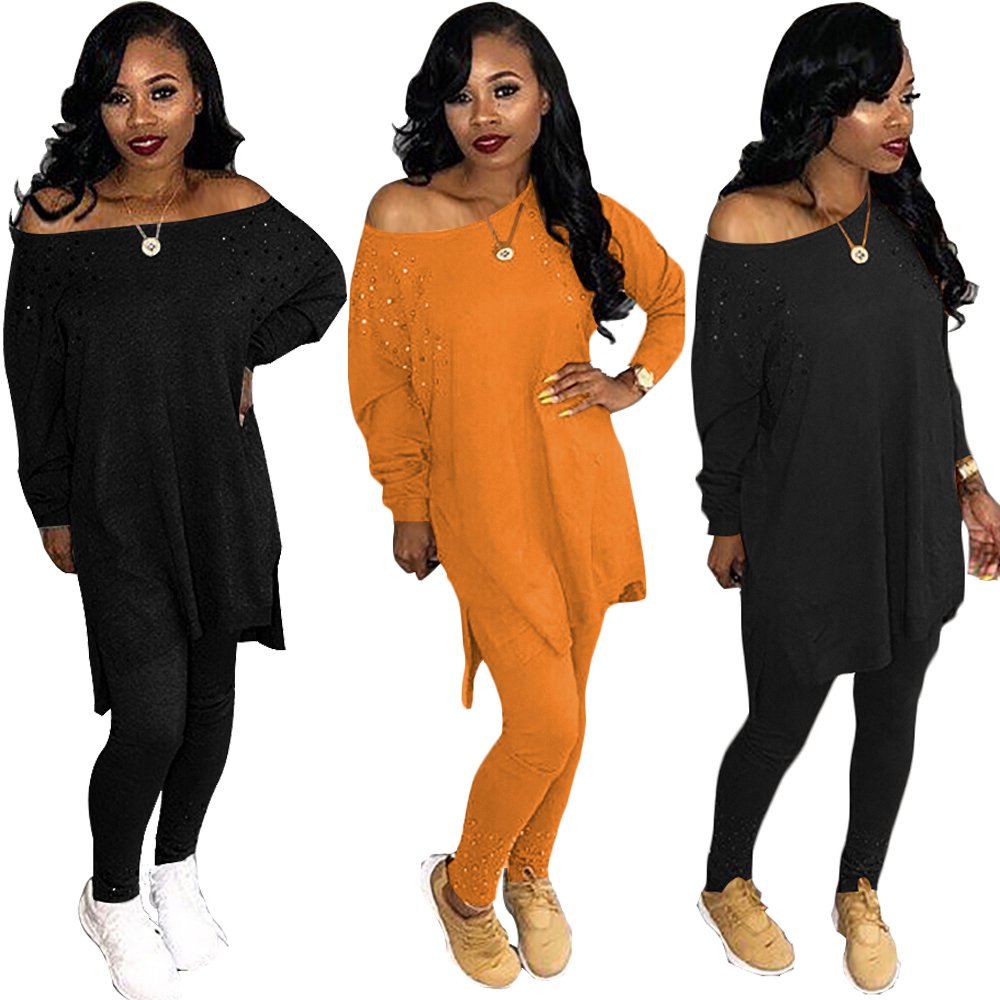 women solid beaded off shoulder top and pencil pants two piece set