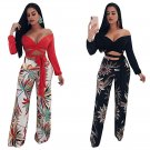 Women's casual floral printed middle waist wide leg pants