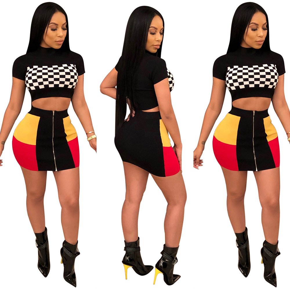 women's sexy plaid crop top and mini skirt two piece outfits