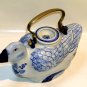 Delft Blue Flow Blue duck teapot brass handle pottery porcelain