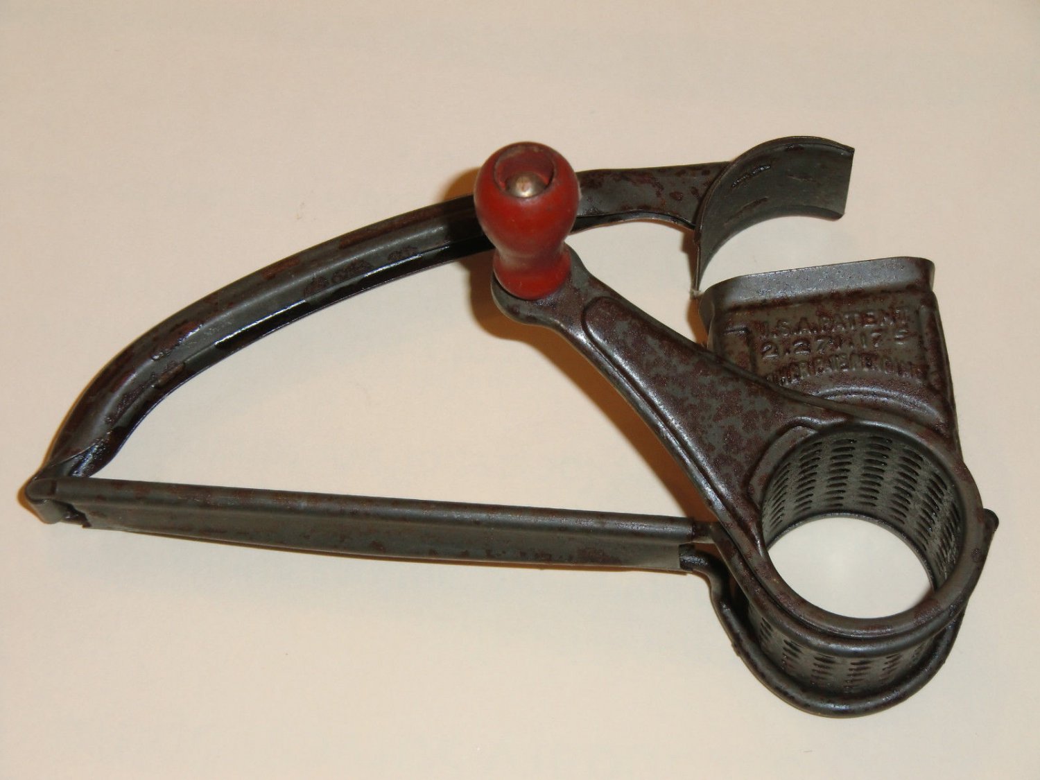 Vintage Parmesan Cheese Grater Kitchen gadget Rotary red Wood handle Patented.