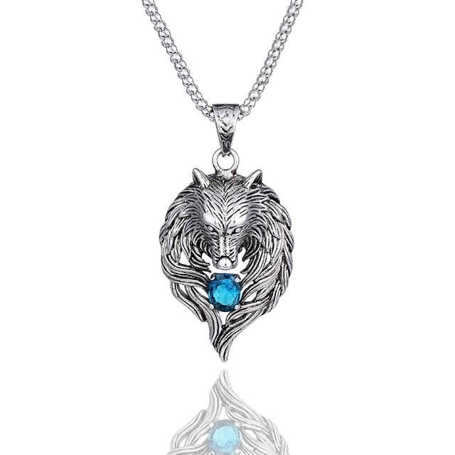 Classic Wolf Head Blue Crystal Necklace