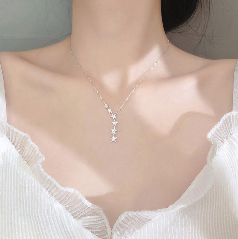 Dazzling Cubic Zirconia Star Silver Color Pendant Necklace
