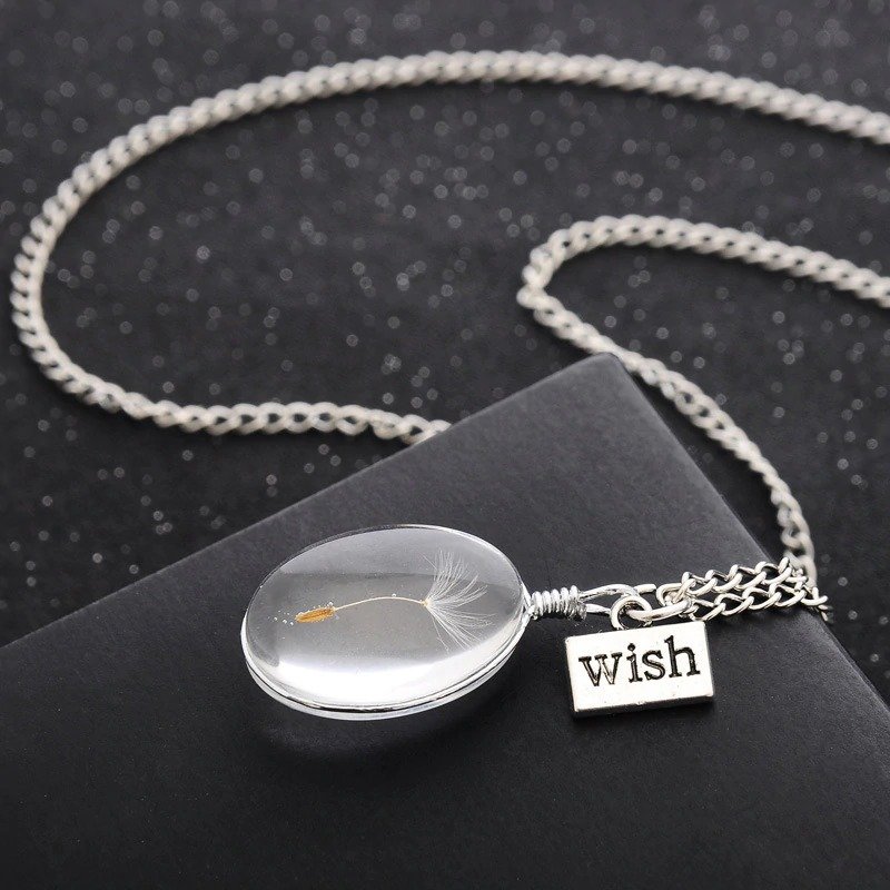 Natural Dandelion Round Crystal Pendant Necklace