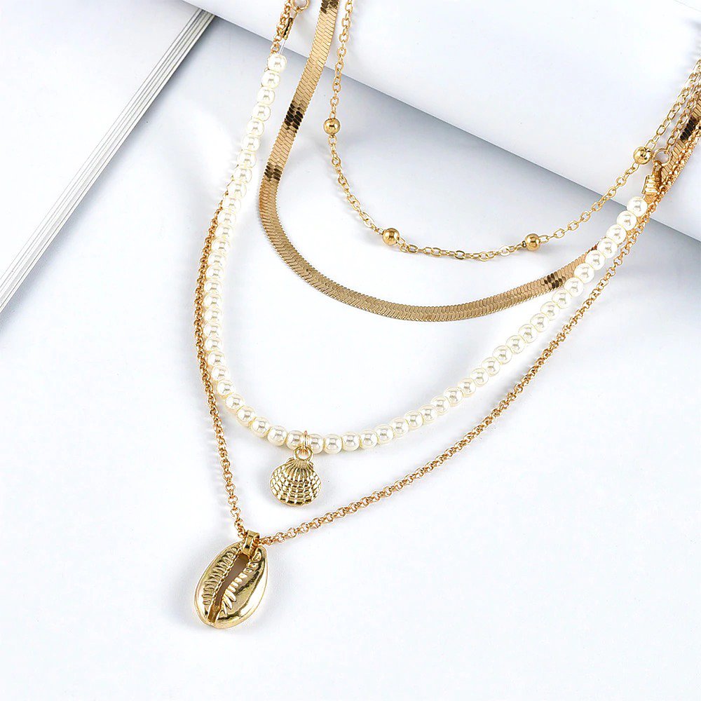 Faux Pearl Snake Chain Shell Gold Color Pendant Necklace