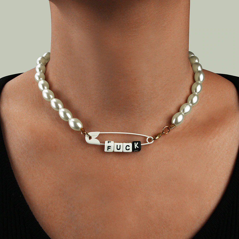 Vintage Paper Clip Letters Pearl Necklace