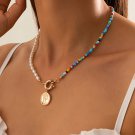 Colorful Rainbow Seed Beaded Pearl Coin Portrait Pendant Necklace