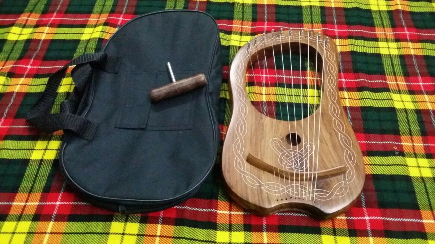Traditional Irish Lyre Harp 10 Metal Strings Rosewood Free Carrying Case & Keys