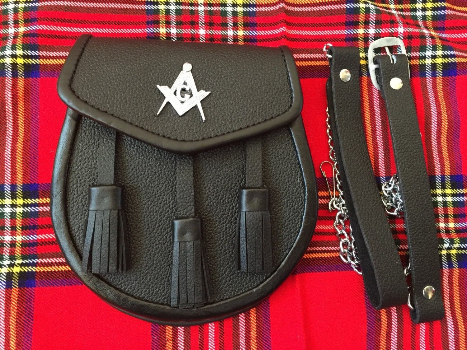 Men Full Dress Leather Kilt Sporran Black Bovine with Scottish Thistle Cantle