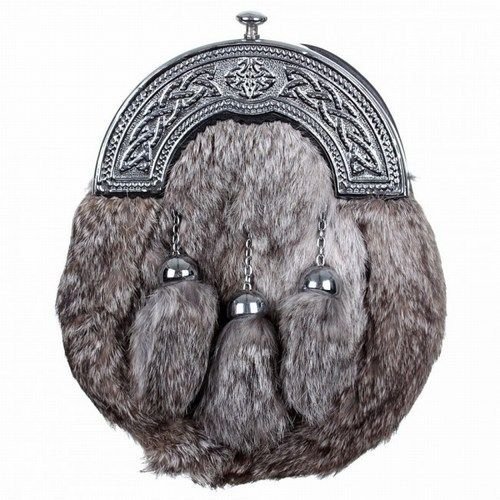 Gray RABBIT FUR Skin 3 Tassel Leather Kilt SPORRAN & Belt Scottish