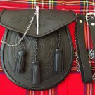 Full Dress Leather Kilt Sporran Black Bovine with Scottish Thistle Cantle