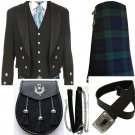 Scottish Men Black Prince Charlie Jacket & Black Vest tartan kilt Wedding OutFit