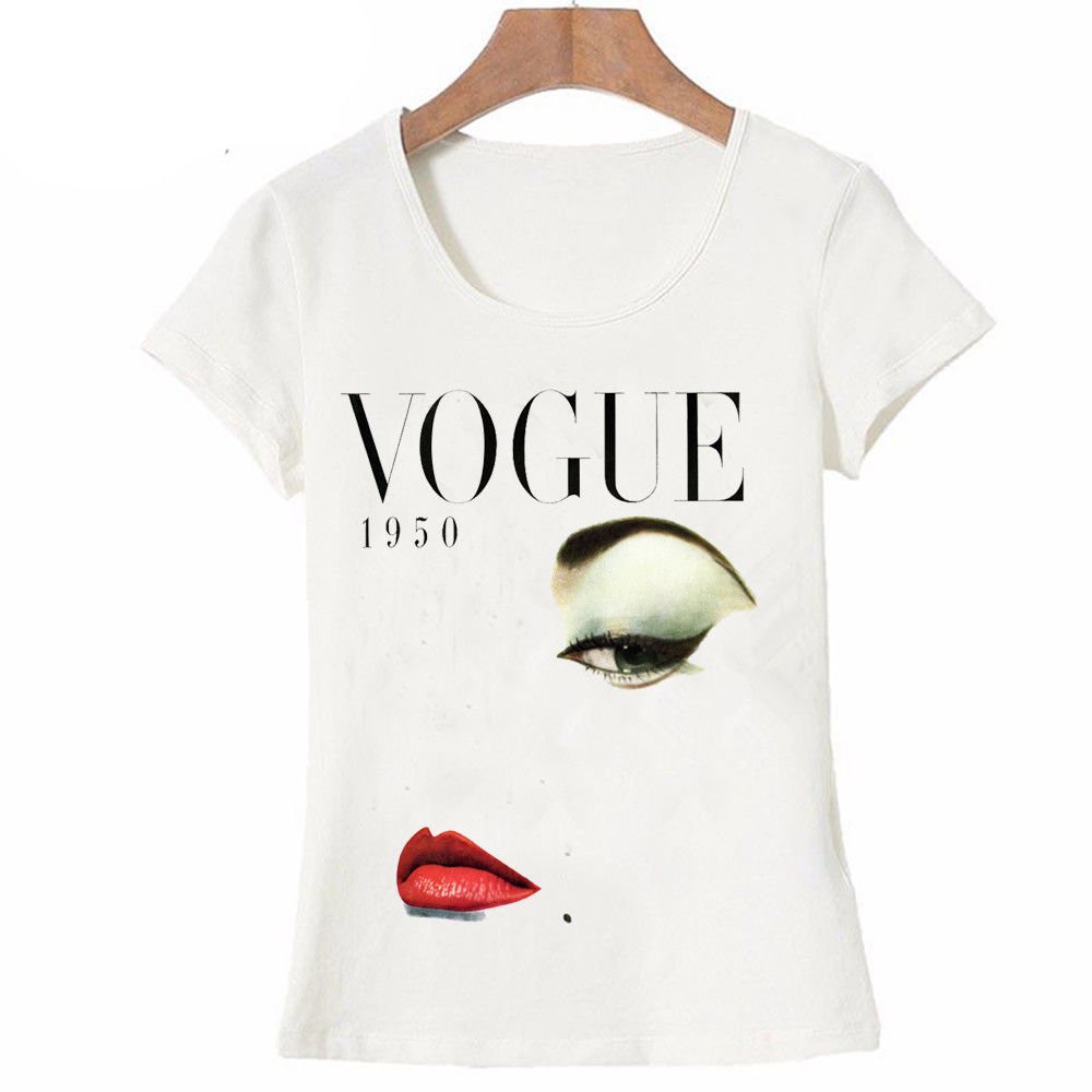 Women Vogue T-shirt White 1950 Lip Eye Print Short Sleeve Casual Top Tee S- 3 XL