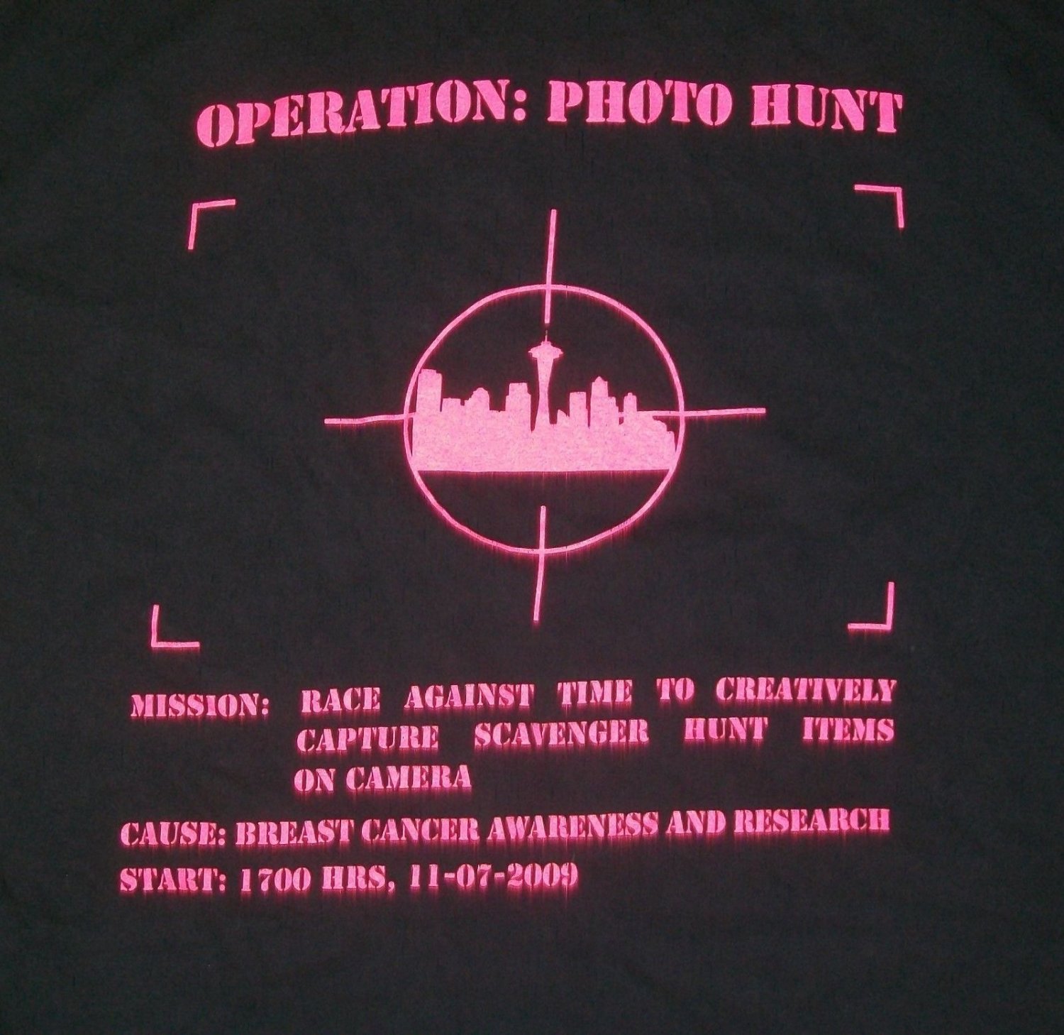 SEATTLE SCAVENGER HUNT CAMERA PHOTO t shirt XL for a cure black pink game F6