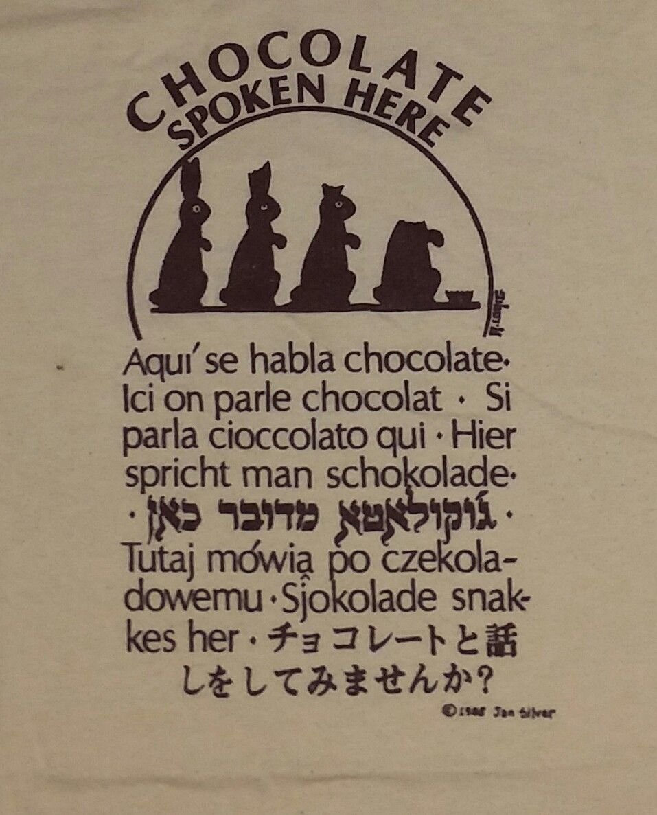 CHOCOLATE SPOKEN HERE MANY FOREIGN LANGUAGE t shirt XL 50/50 bunny rabbit