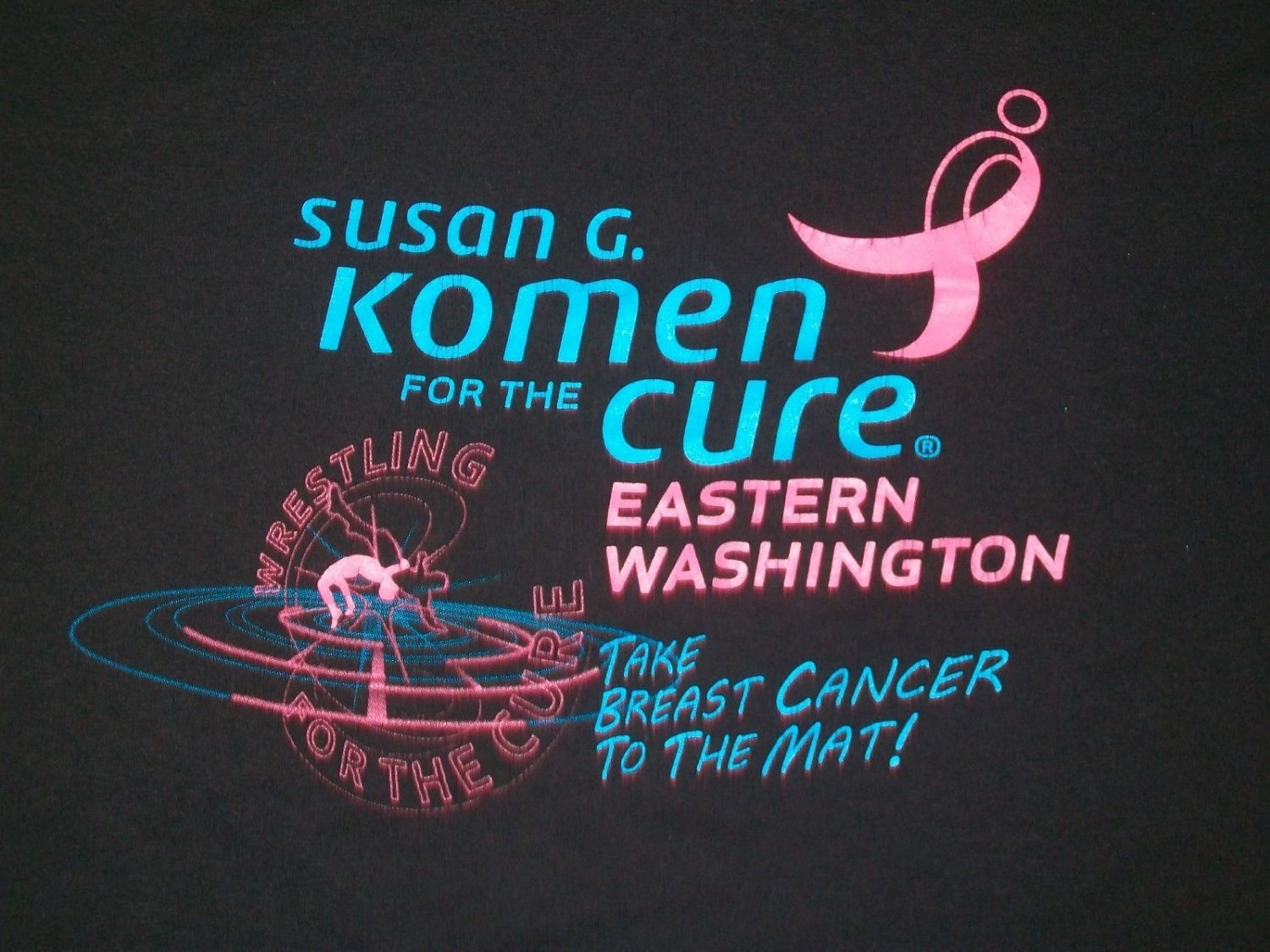 SUSAN G KOMEN WRESTLING FOR THE CURE black t shirt Small 50/50 pink october