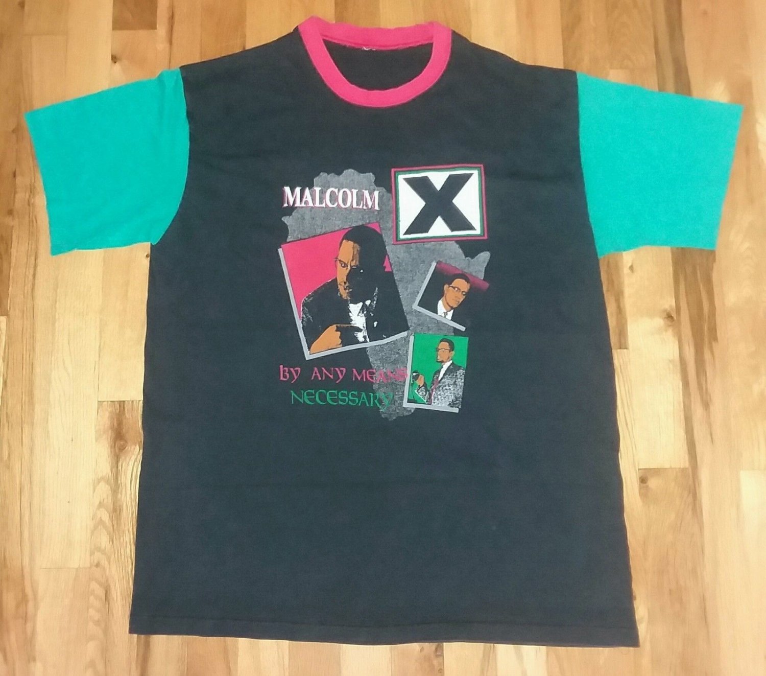 MALCOLM X ANY MEANS NECCESSARY AFRICA rare green sleeve red ringer t shirt L