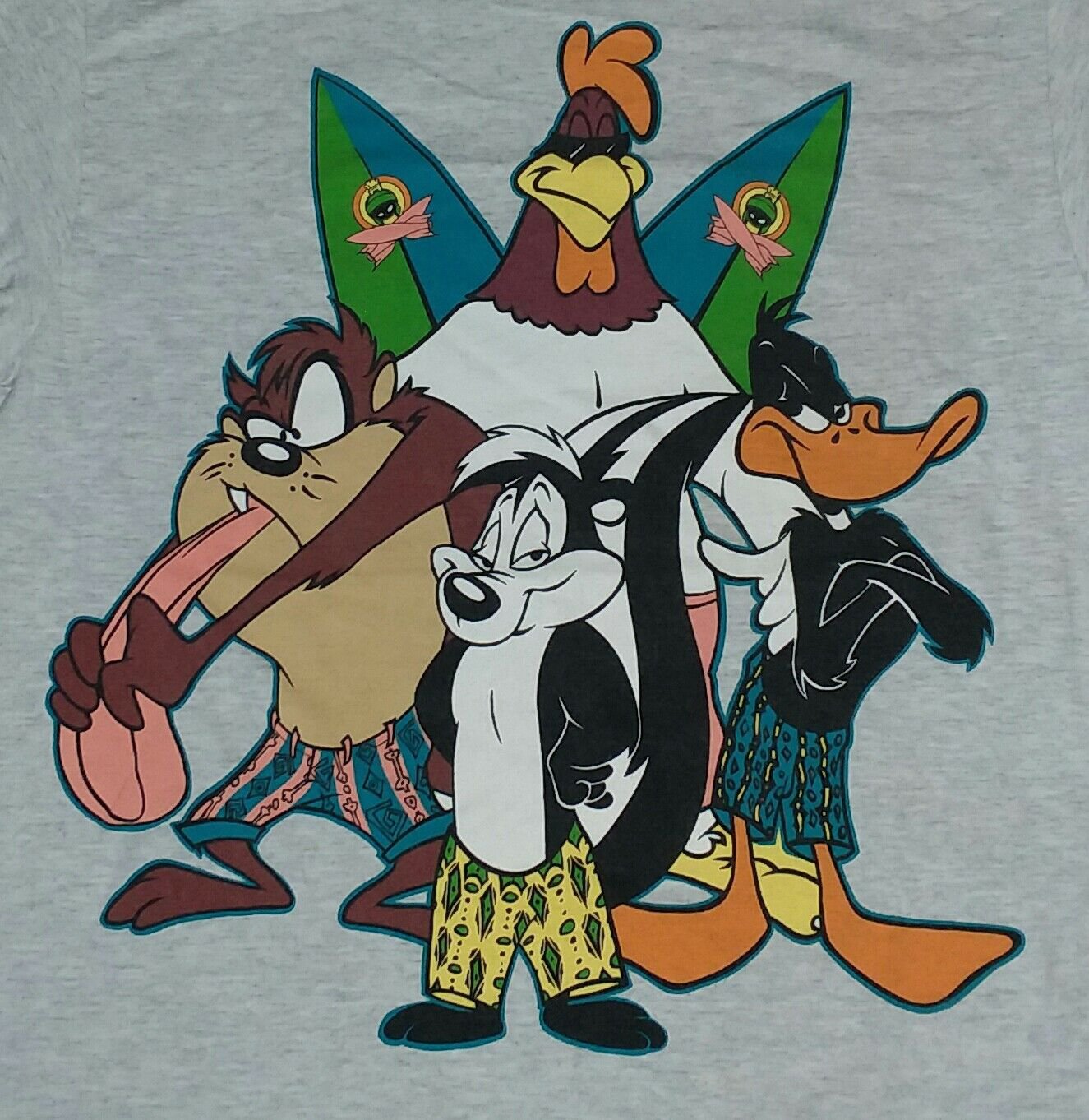 Looney Tunes Taz Tweety Bird Daffy Duck beach surf club gray t shirt L cartoon