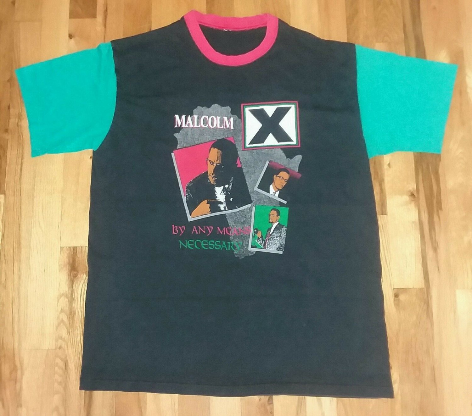 Malcolm X Any Means Neccessary Africa rare green sleeve red ringer t shirt Large