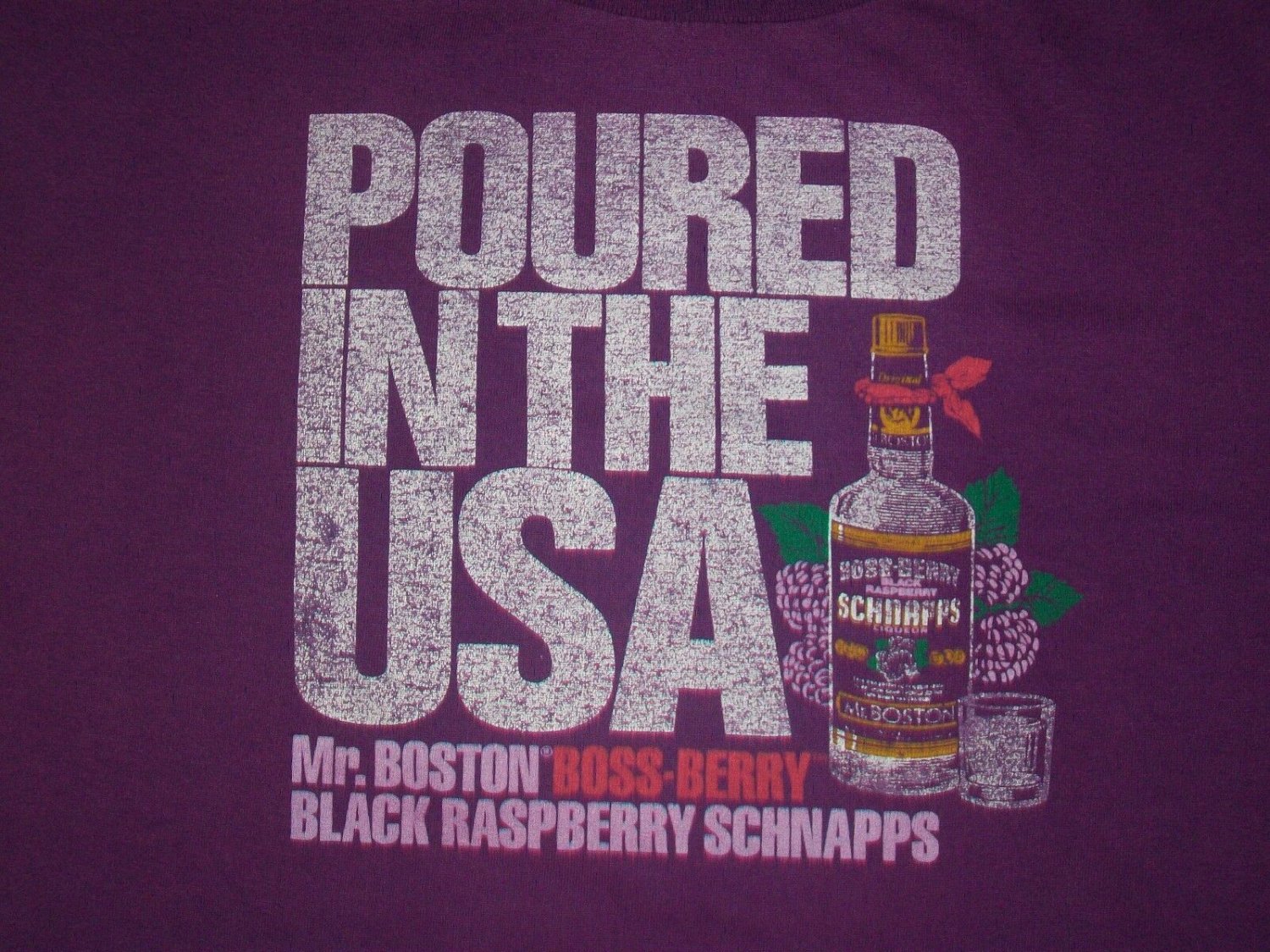 Raspberry Schnapps Poured In USA purple t shirt L 50/50 bar party bartender
