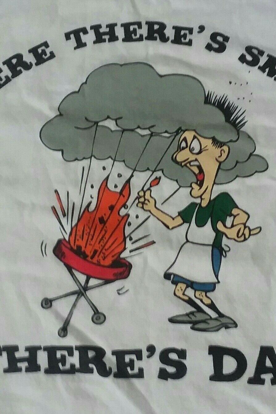 BAR-B-QUE BBQ BAR-B-Q Dad Where There's Smoke white t shirt M summer fun 091619