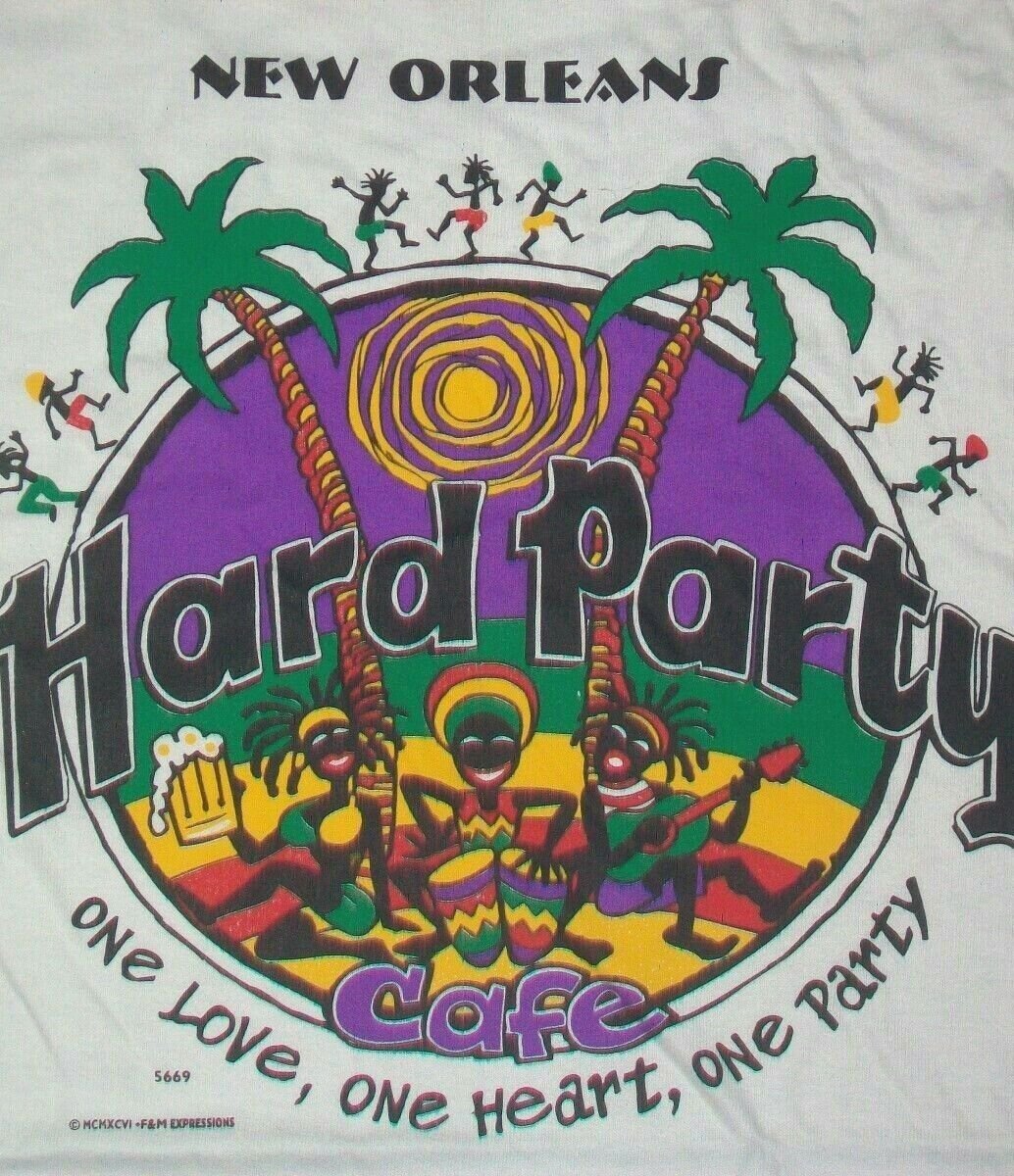HRC Theme New Orleans Hard Party Cafe Mardi Gras white t shirt L rock jamaica