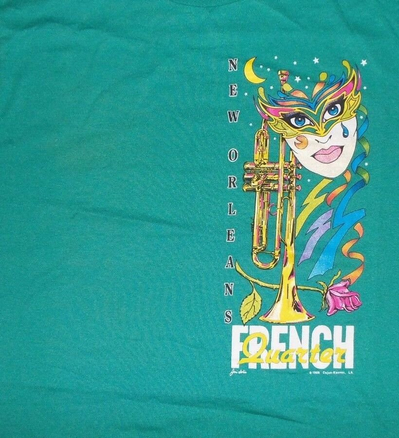 New Orleans Madri Gras French Quarters Mask Jazz Horn t shirt XL 50/50 souvenir