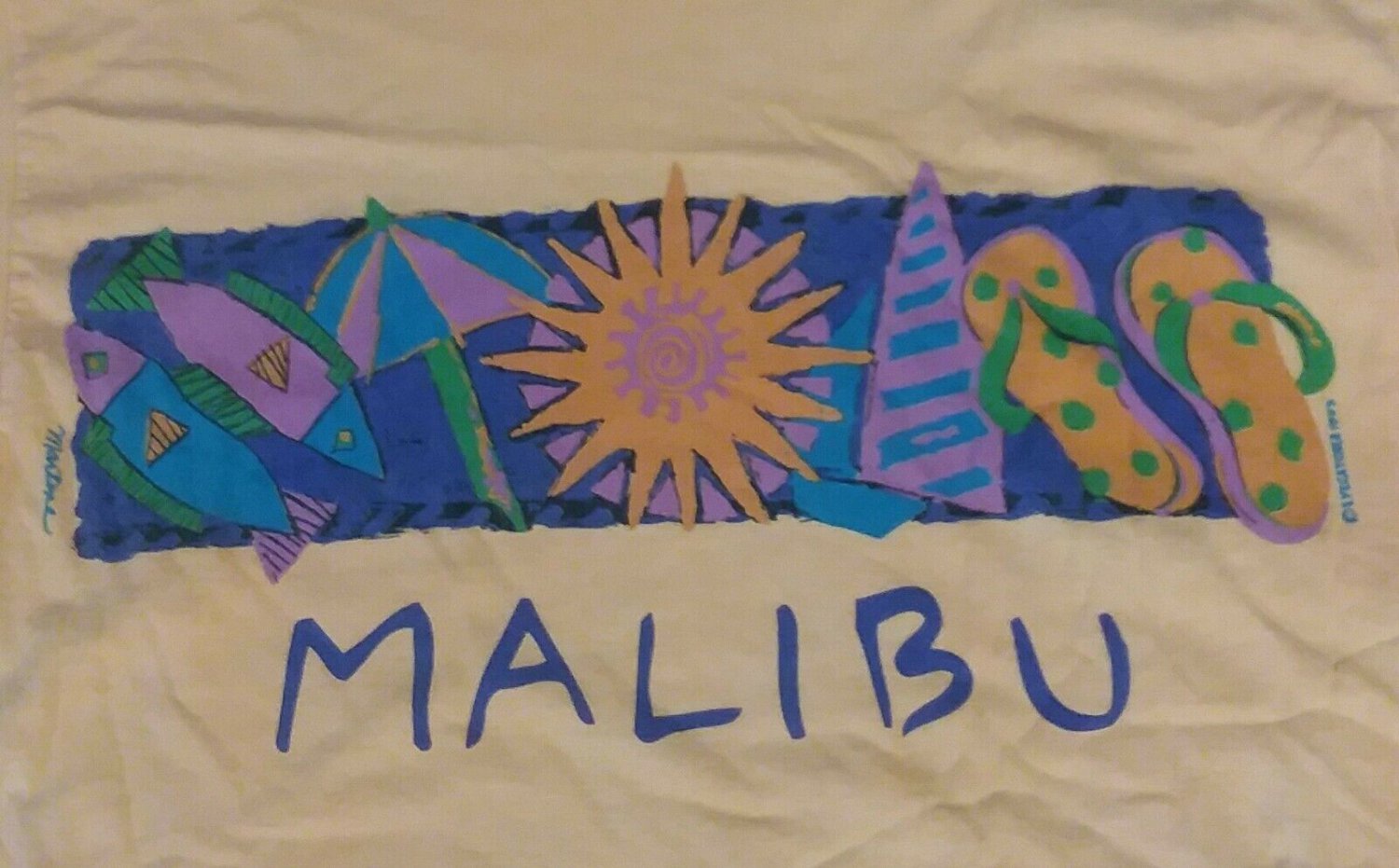 Malibu California Beach Souvenir peach vintage t shirt M surf board sandals