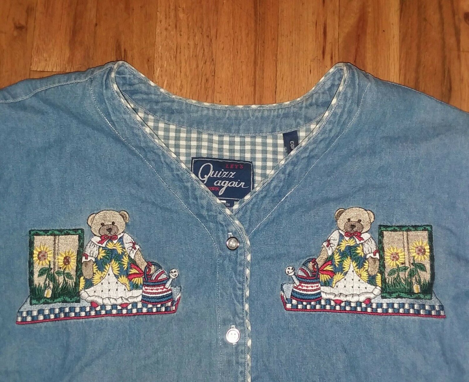 NEW Teddy Bear Embroider Stitched Denim shirt Womens medium NWT blue