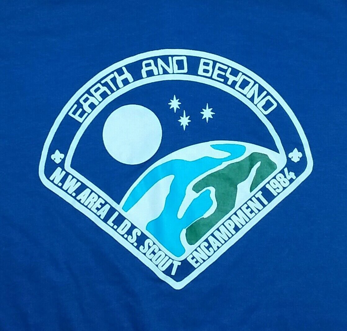 vintage 80s Mormon Earth and Beyond LDS Scouts Camp t shirt L 50/50 Blue stedman