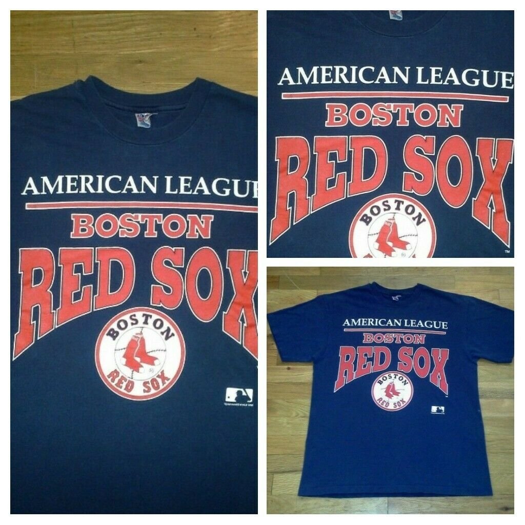 vintage single stitch BOSTON RED SOX BASEBALL TEAM blue t shirt L Celtics bruins