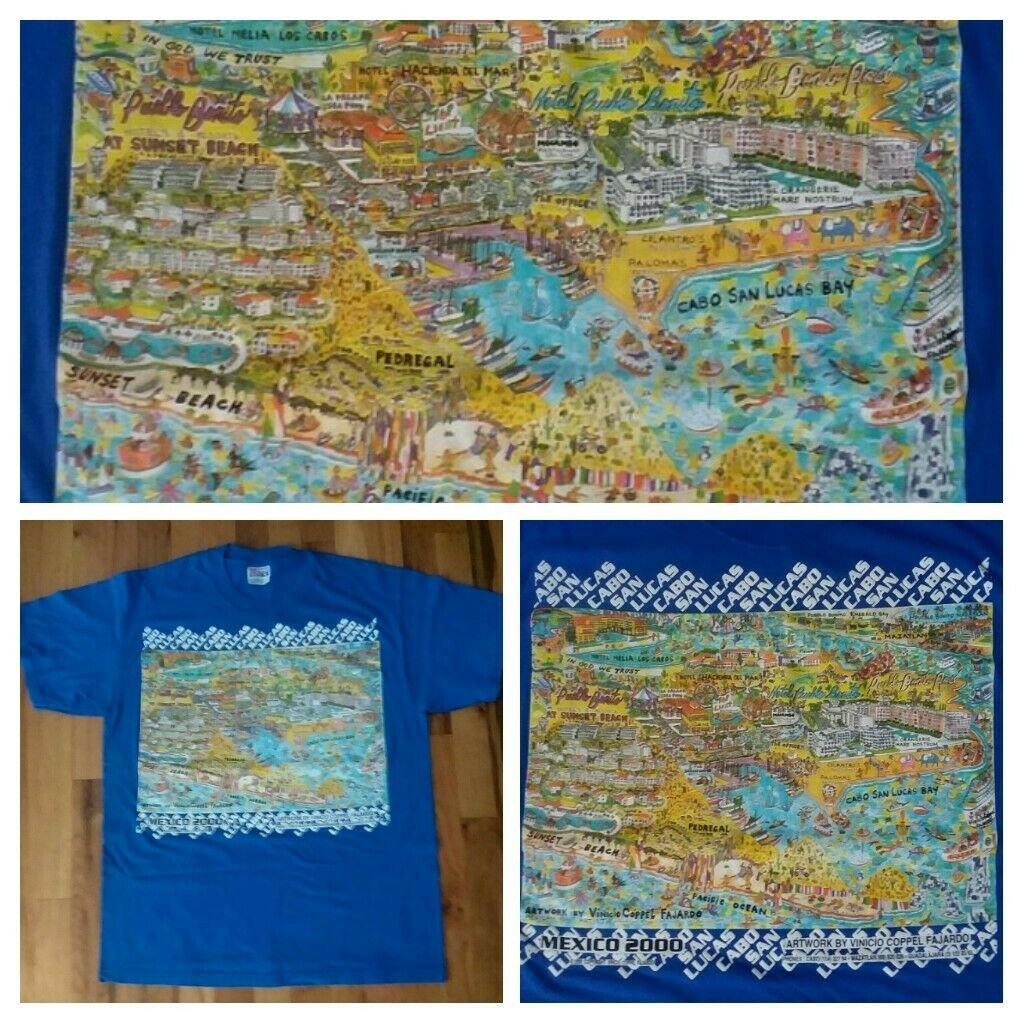 vintage Cabo San Lucas Map Art Paint Souvenir t shirt L mexico vacation