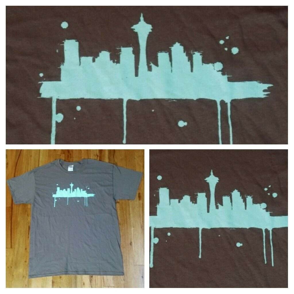 Seattle Skyline Cityscape Blue Drip t shirt L new Seahawks Mariners supersonics