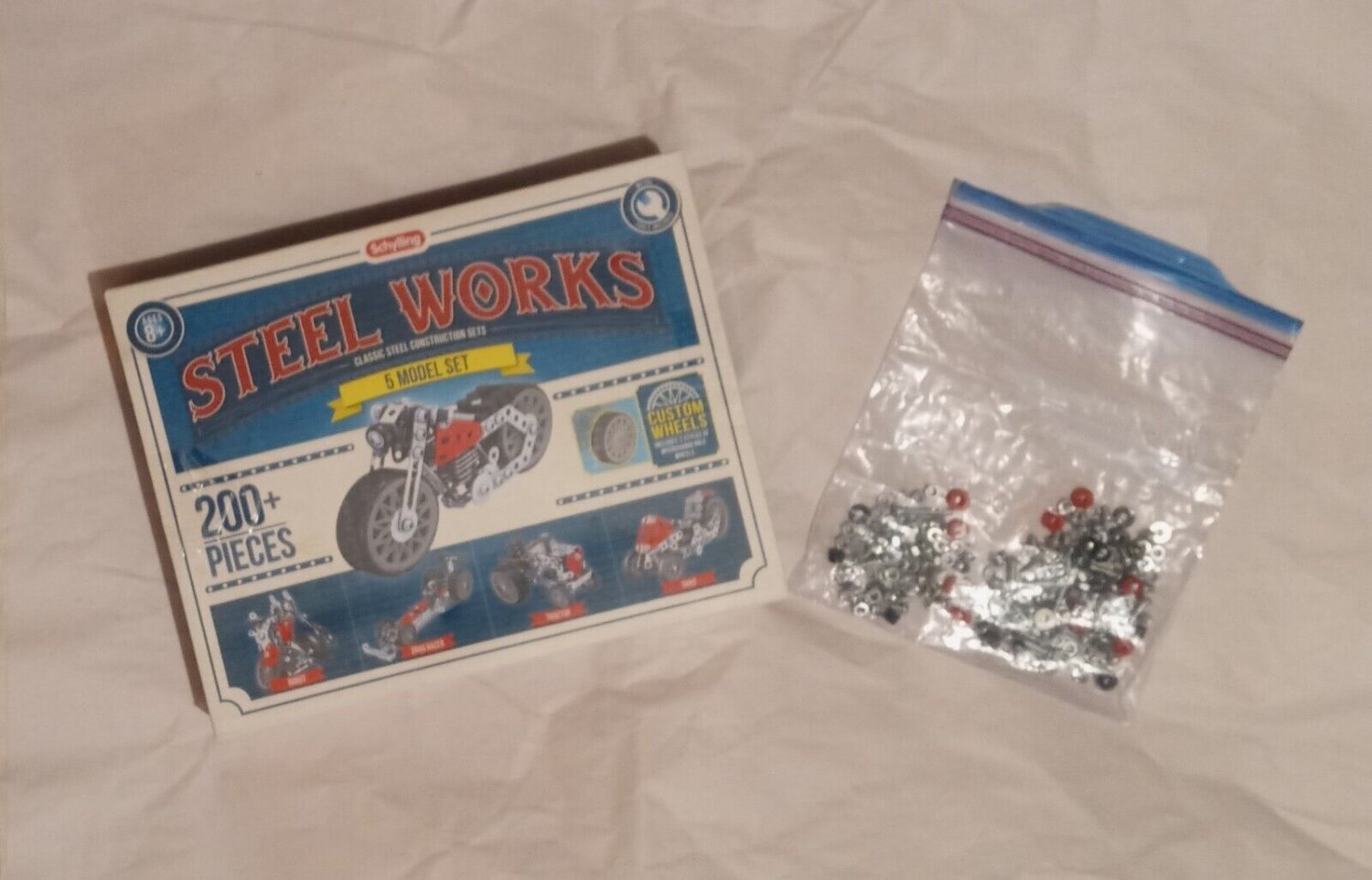 Schylling Steel Works 5 Model Set Motorcycle Robot with extra screws nuts bolts