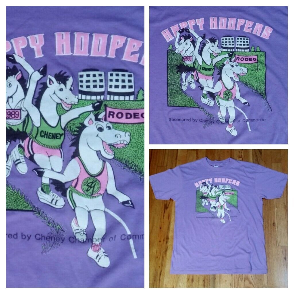 Vintage 80s single stitch Rodeo Cowgirl Horse Happy Hoofers t shirt L 50/50