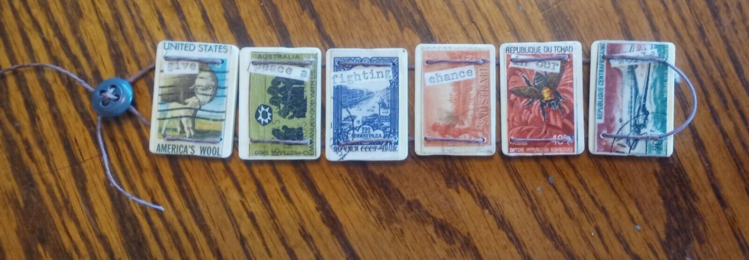 Vintage Rummikub Tile Bracelet World Stamps give peace a chance jewelry rare