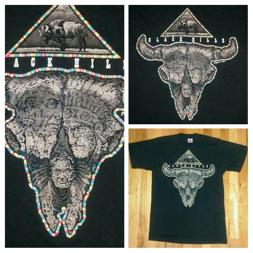 vintage single stitch Black Hills Indian Chief Head Buffalo Skull t shirt M