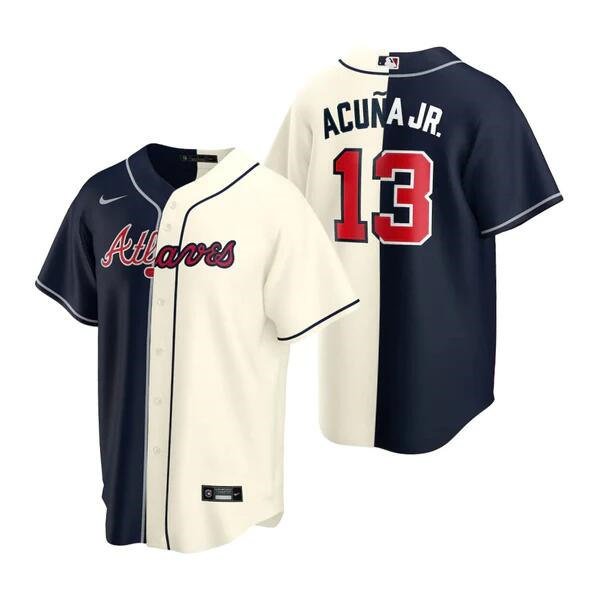 Atlanta Braves #13 Ronald Acuna Jr Navy Red Spilt Cool Base Stitched  Baseball Jersey in 2023