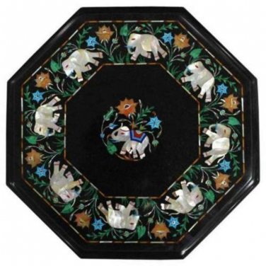 15" black elephant coffee corner marble inlay stone table top use room and decor wall