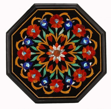 15" black coffee corner marble inlay stone table top use room and decor wall