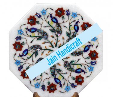 15" peacock coffee corner marble inlay stone white table top  and decor malachite