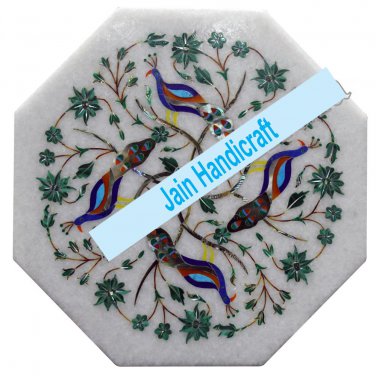 12" peacock coffee corner marble inlay stone white table top  and decor malachite