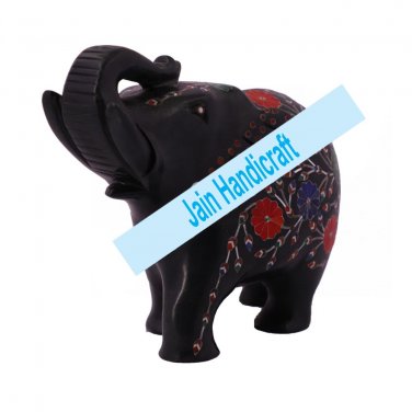 9" Marble Elephant Trunk Up gift Malachite Rare Stone Inlay Mosaic Gift Decor