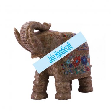 12" Marble Elephant Trunk Up gift Malachite Rare Stone Inlay Mosaic Gift Decor