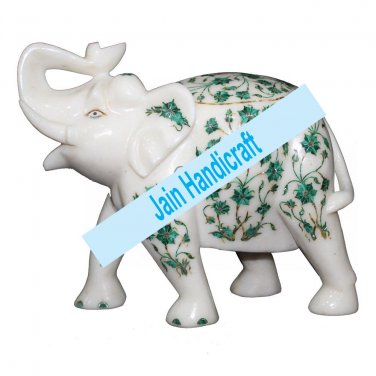 10" Marble Elephant Trunk Up gift Malachite Rare Stone Inlay Mosaic Gift Decor