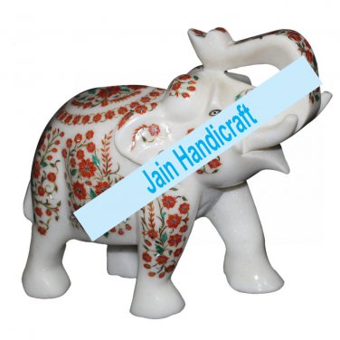 12" Marble Elephant Trunk Up gift Malachite Rare Stone Inlay Mosaic Gift Decor