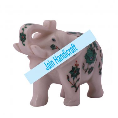 6" Marble Elephant Trunk Up gift Malachite Rare Stone Inlay Mosaic Gift Decor